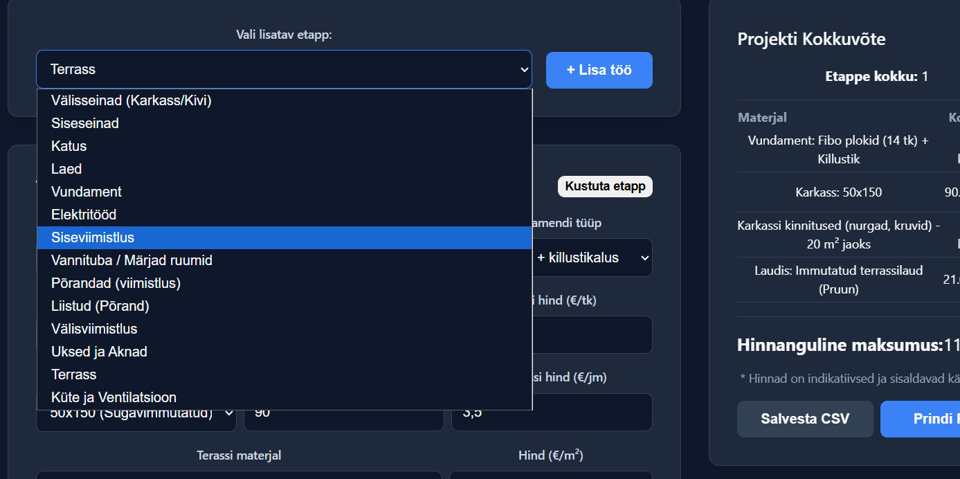 AI ehitusmaterjali kalkulatsiooni rakendus