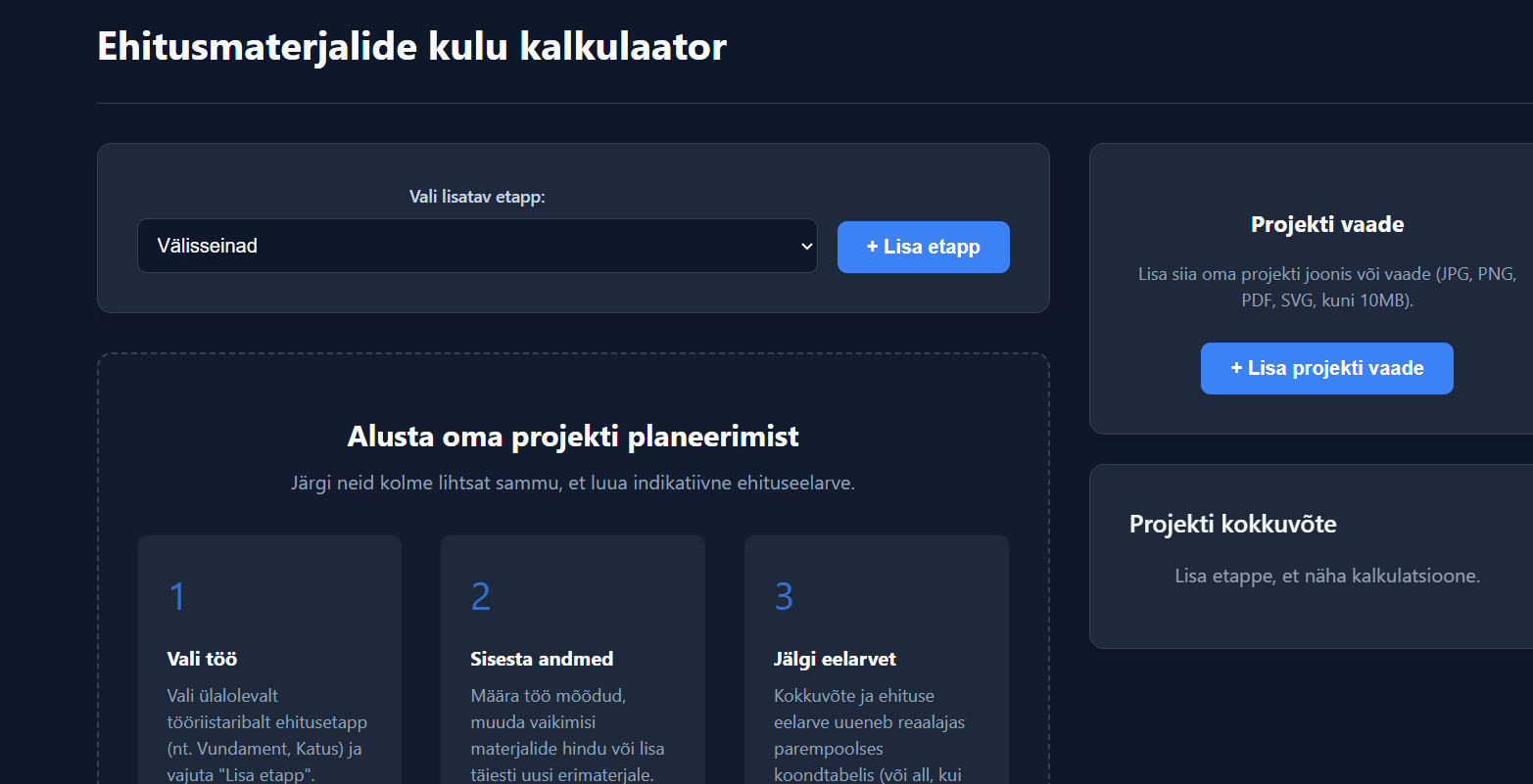 Ehitusmaterjalide kulu kalkulaator