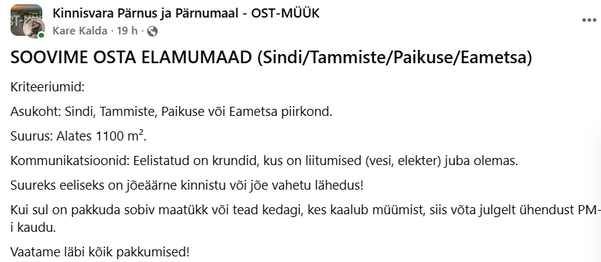 Facebooki kinnisvara kuulutuse postitus