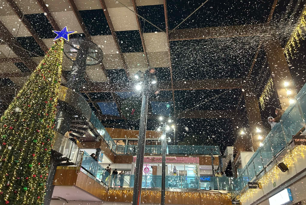 Suur kuusepuu ja mullimasinast langevad mullid