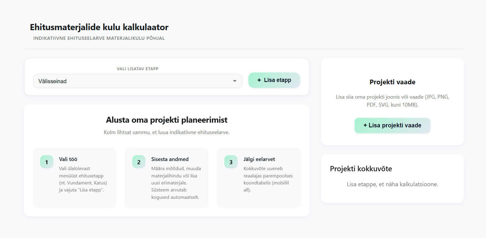 Materjalikulu kalkulaatori uus kasutajaliides